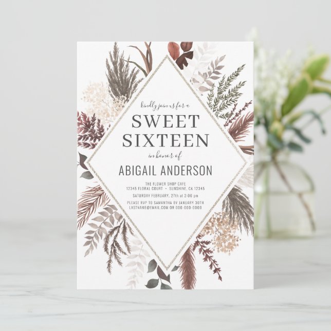 Invitación Boho Floral Pampas Grass Dulce Dieciséis Cumpleaño (Anverso de pie)