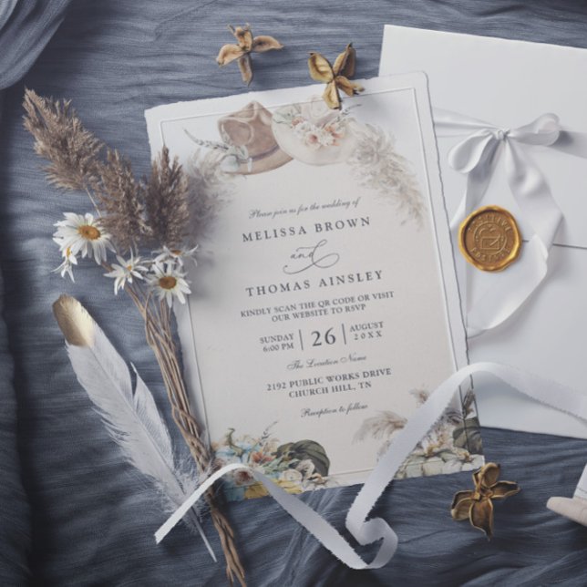 Invitación  Boho Floral Pampas Grass Rustic QR Code Wedding (Subido por el creador)