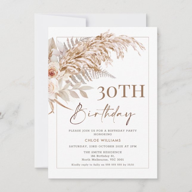 Invitación Boho Floral Pampas Marco de Grass Cumpleaños (Anverso)