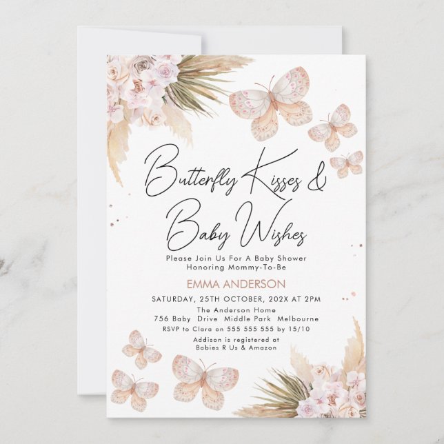 Invitación Boho Floral Pampas mariposa besa Baby Shower (Anverso)