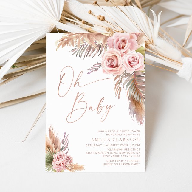 Invitación Boho Floral Pampas Rosa Gold Baby Shower (Subido por el creador)