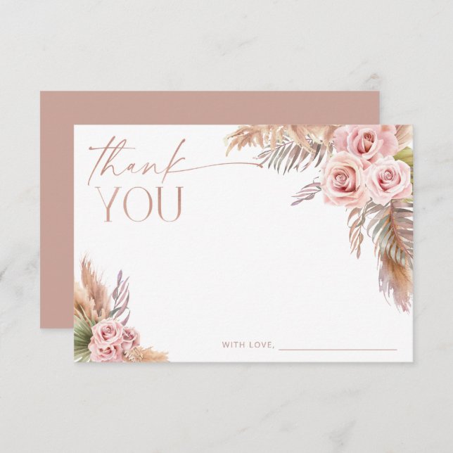 Invitación Boho Floral Pampas Rosa Gold Gracias (Anverso / Reverso)