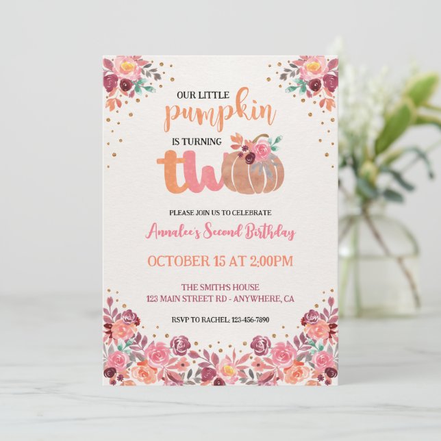 Invitación boho floral para el segundo cumpleaños  (Anverso de pie)