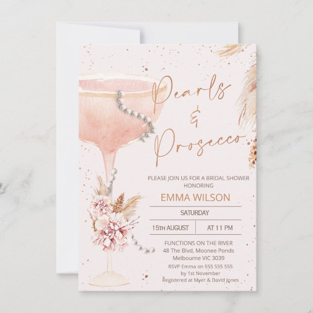 Invitación Boho Floral Pearls Prosecco Bridal Shower (Anverso)
