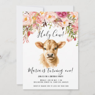 Invitación Boho Floral Peony Highland Cow Kids Cumpleaños