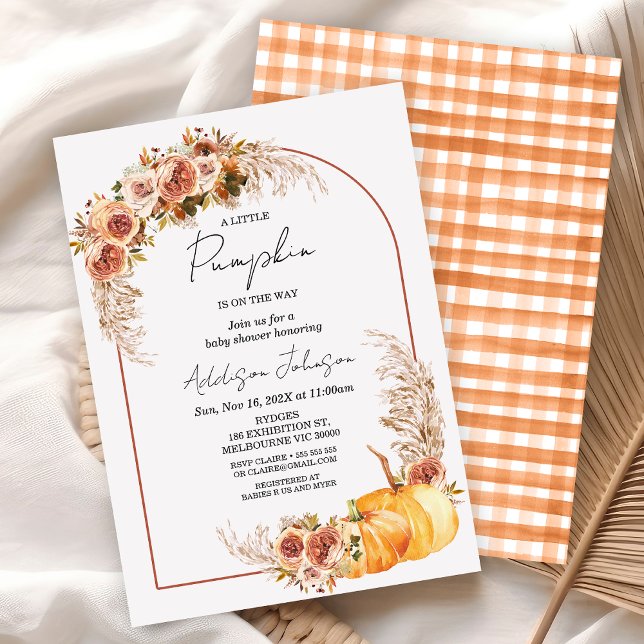Invitación Boho Floral Pequeña Calabaza Baby Shower (Fall Little Pumpkin Baby Shower Invitation, Gender Neutral Autumn Baby Shower Modern Arch Floral)
