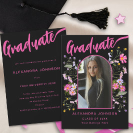 Invitación Boho Floral Photo Black and Pink Script Grad Fiest