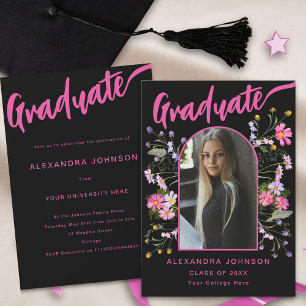 Invitación Boho Floral Photo Black and Pink Script Grad Fiest