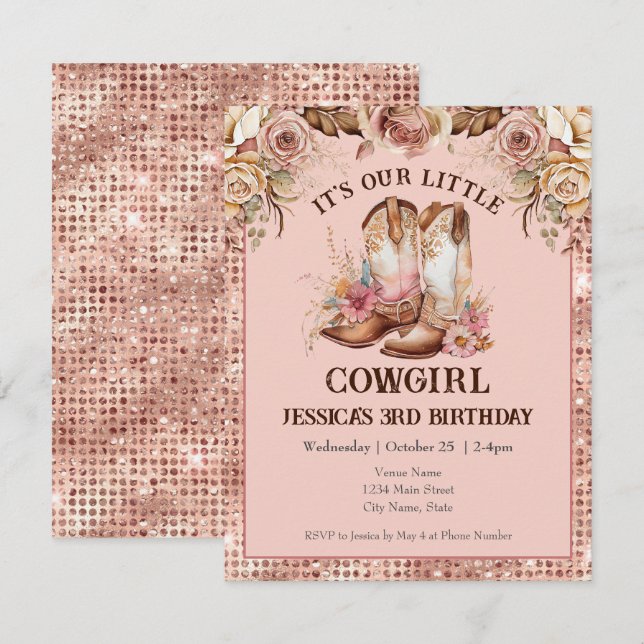 Invitación Boho Floral Pink Cowgirl Birday Rodeo (Anverso / Reverso)