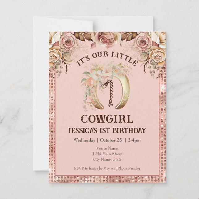 Invitación Boho Floral Pink Cowgirl Primer cumpleaños (Anverso)