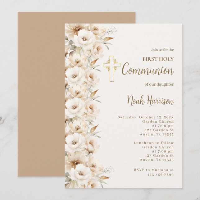 Invitación Boho Floral Primer niño de la Comunión (Anverso / Reverso)