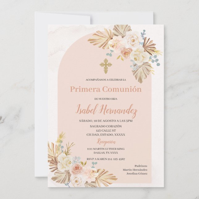 Invitación Boho Floral primera comunión española (Anverso)
