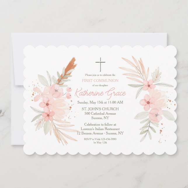 Invitación Boho Floral primera comunión sagrada (Anverso)