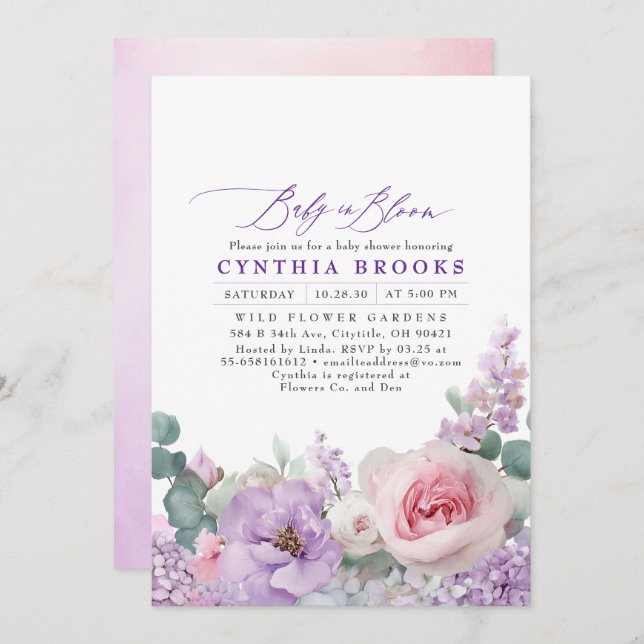 Invitación Boho floral púrpura y rosa botánico Baby Shower (Anverso / Reverso)