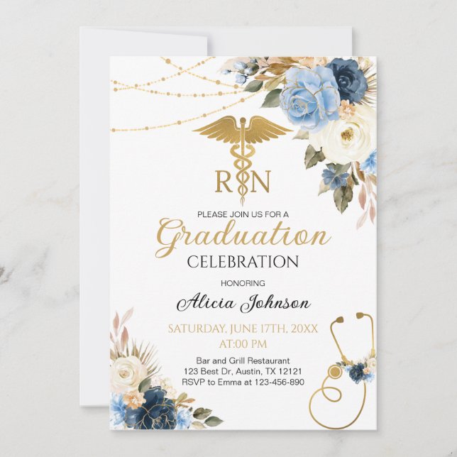 Invitación Boho Floral RN Nursing School Graduation (Anverso)
