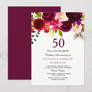 Invitación Boho floral rojo borgoña 50 aniversario Boda