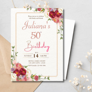 Invitación Boho Floral Rosa 50. Fiesta de cumpleaños