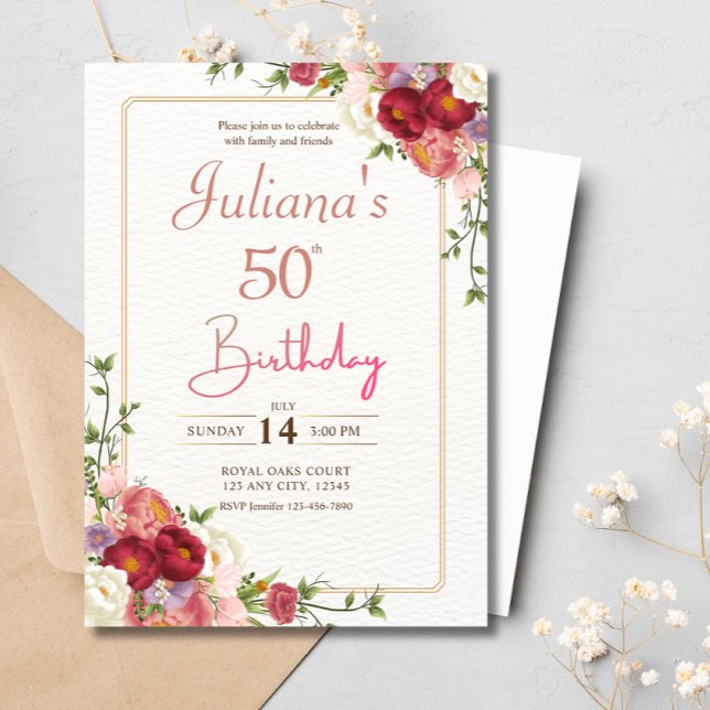 Invitación Boho Floral Rosa 50. Fiesta de cumpleaños (Subido por el creador)