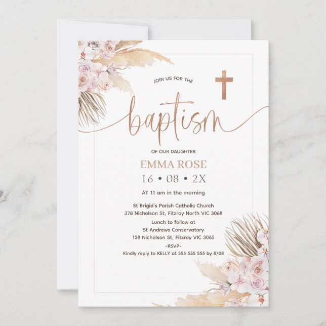 Invitación Boho Floral Rosa caligrafía de oro Bautismo (Anverso)
