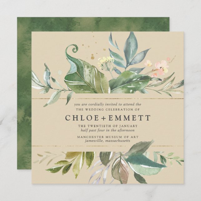 Invitación Boho floral rosa dorado Boda cuadrado botánico (Anverso / Reverso)