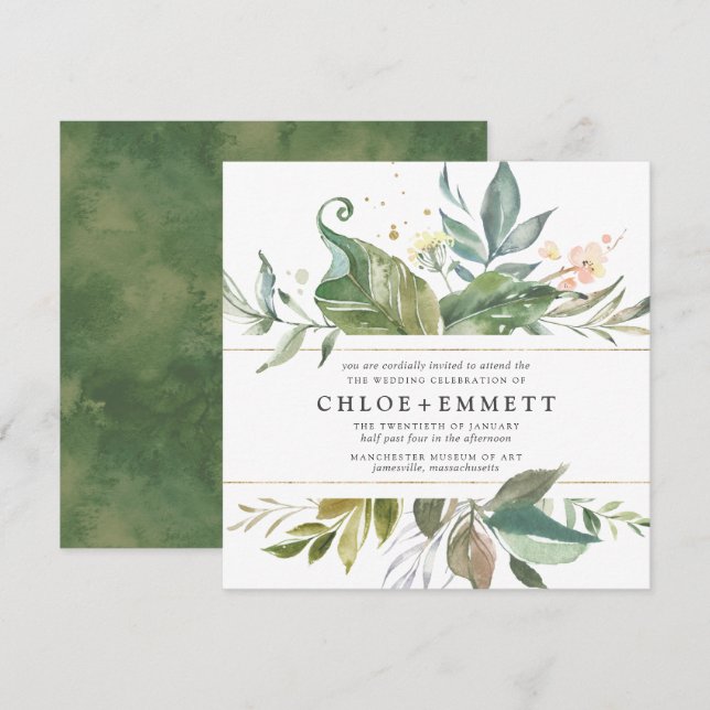 Invitación Boho floral rosa dorado Boda cuadrado botánico (Anverso / Reverso)