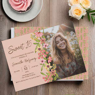 Invitación Boho floral rosa dulce 16 fiesta de cumpleaños de 