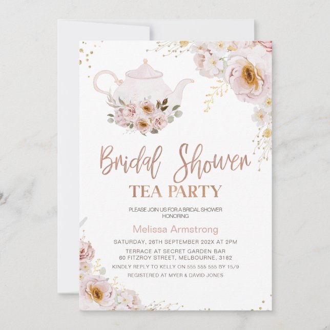 Invitación Boho Floral Rosa Gold Bridal Shower Tea Fiesta (Anverso)