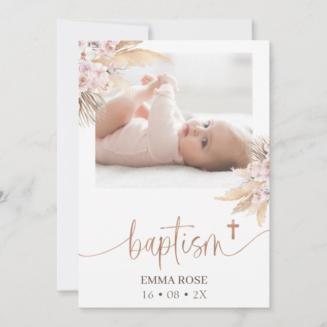 Invitación Boho Floral Rosa Gold Caligraphy Photo Baptism (Anverso)