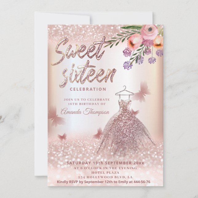 Invitación Boho floral Rosa oro vestido purpurinoso mariposa (Anverso)