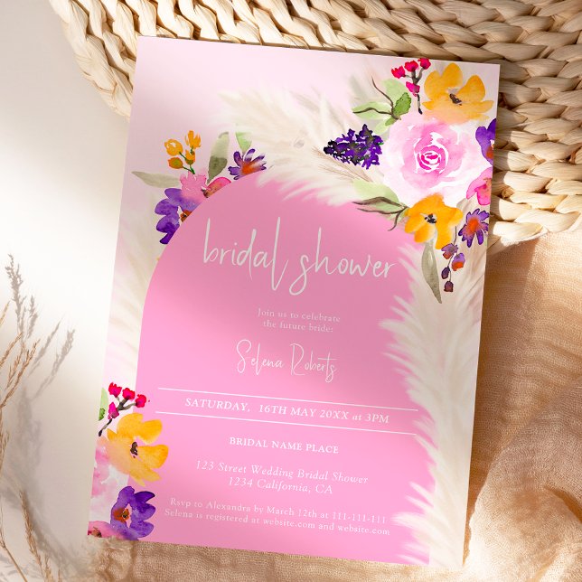 Invitación Boho floral rosa pampas desierto arco de ducha de  (Boho pink floral pampas desert arch bridal shower invitation)