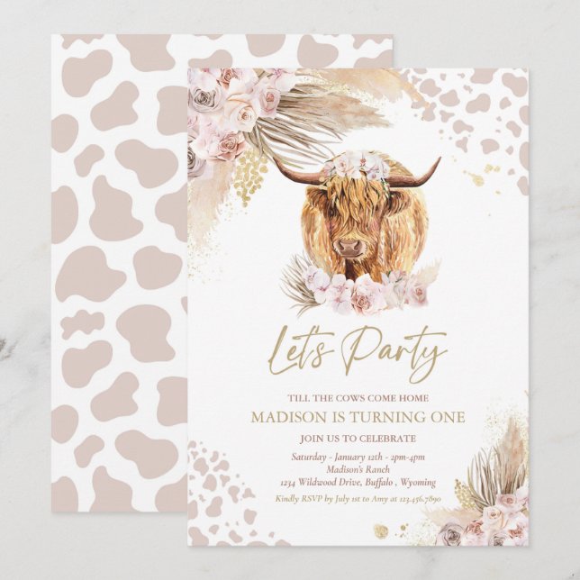 Invitación Boho Floral Rosa Pampas Fiesta de Vaca Autónoma (Anverso / Reverso)