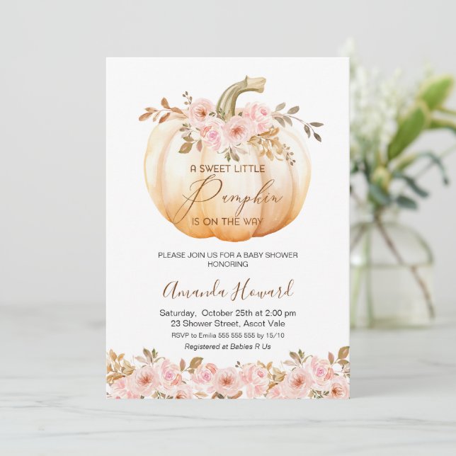 Invitación Boho Floral Rosa Pequeña Calabaza Baby Shower (Anverso de pie)