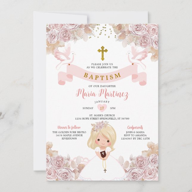 Invitación Boho Floral Rosa Rubia Niña Santo Bautismo (Anverso)