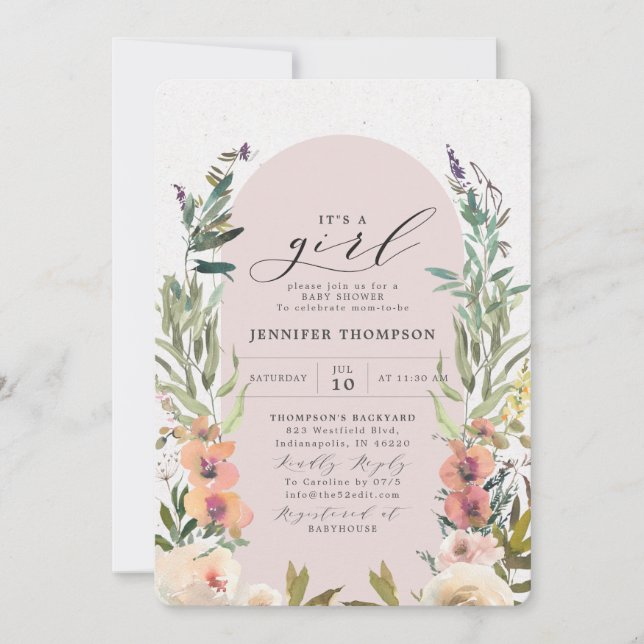 Invitación Boho Floral Rubor It's a Chica Baby Shower (Anverso)