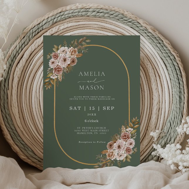 Invitación Boho Floral Sage Green y Gold Boda (Boho Sage Green and Gold Floral Wedding Invitation)