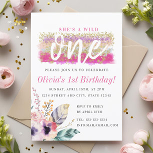Invitación Boho Floral Salvaje Un Chica Primer Cumpleaños