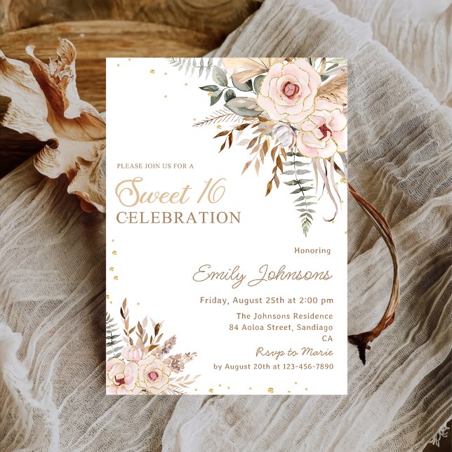 Invitación Boho Floral Script Gold Purpurina Sweet 16 Cumplea (Subido por el creador)