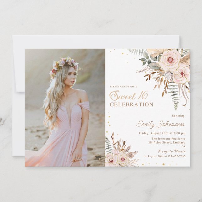 Invitación Boho Floral Script Gold Purpurina Sweet 16 Foto (Anverso)