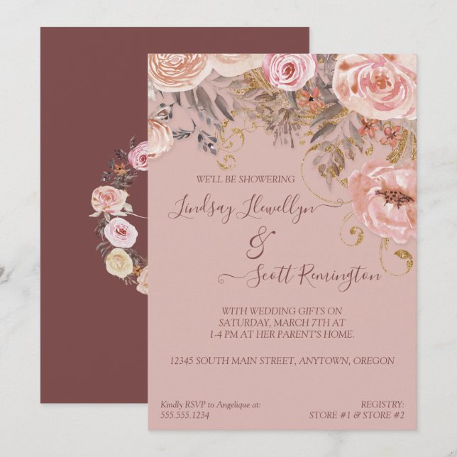 Invitación Boho Floral Seco Borgoña Rosa Dorado Ducha de Novi (Anverso / Reverso)