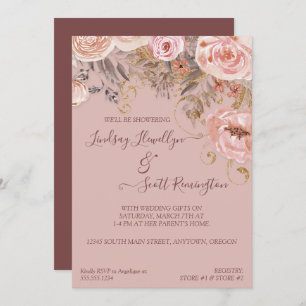 Invitación Boho floral seco Borgoña Rosa dorado ducha de novi