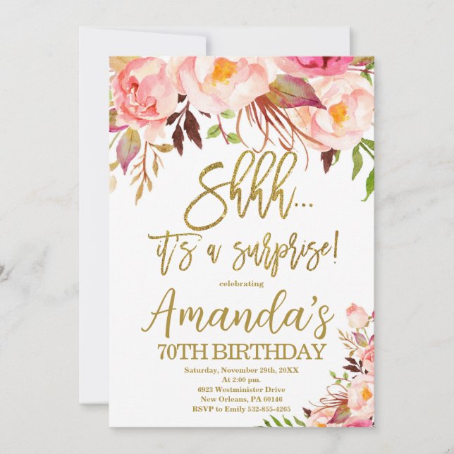 Invitación Boho Floral, Shhh es un cumpleaños sorpresa (Anverso)