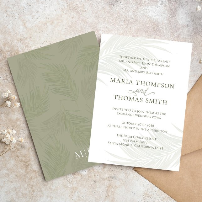 Invitación Boho Floral simple acuarela verde hojas de palmera (Elegant Boho tropical palm leaves wedding invitation. )