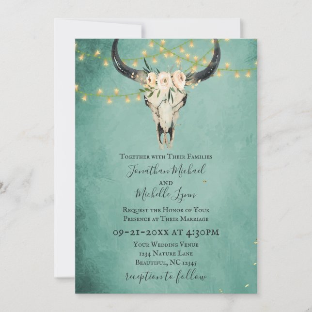 Invitación Boho Floral Skull, String Light Turquoise Boda (Anverso)