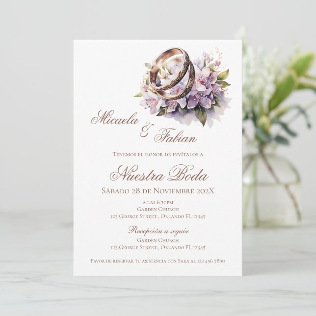 Invitación Boho Floral Spanish with ring Wedding (Anverso de pie)