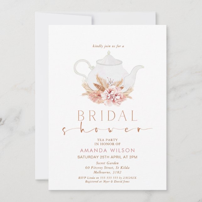 Invitación Boho Floral Teapot Tea Fiesta Bridal Shower (Anverso)