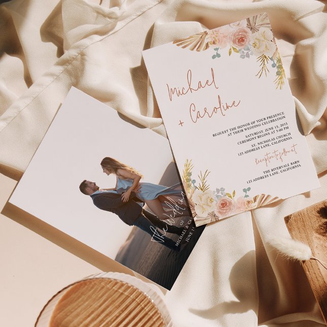 Invitación Boho Floral Terracotta Pampas Photo Script Wedding (Subido por el creador)