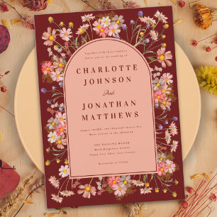 Invitación Boho Floral Terracotta Quemada Naranja Fall Weddin