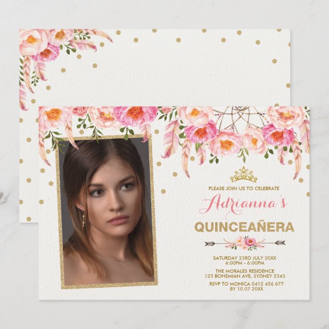 Invitación Boho Floral Tiara Dreamcatcher / Girly Quinceañera (Anverso / Reverso)