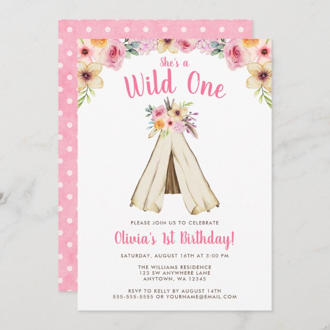 Invitación Boho Floral Tribal Teepee Wild Un primer cumpleaño (Anverso / Reverso)