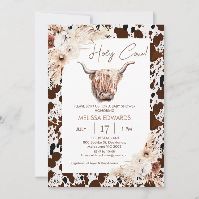 Invitación Boho Floral Vaca marrón Imprimir Baby Shower (Anverso)
